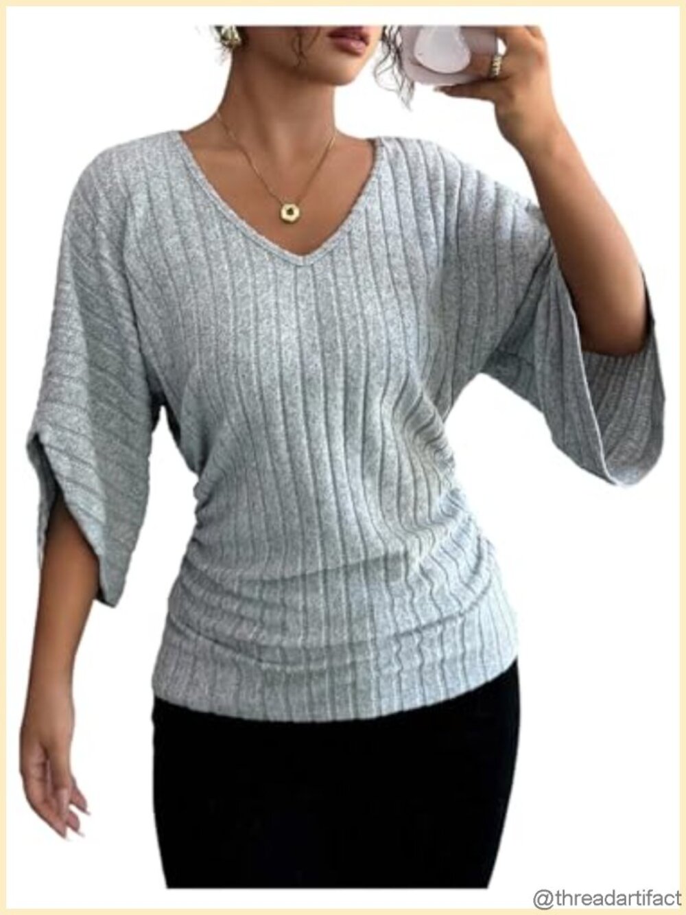 Milumia Textured V Neck 3/4 Sleeve Ruched Cinched Waist Top